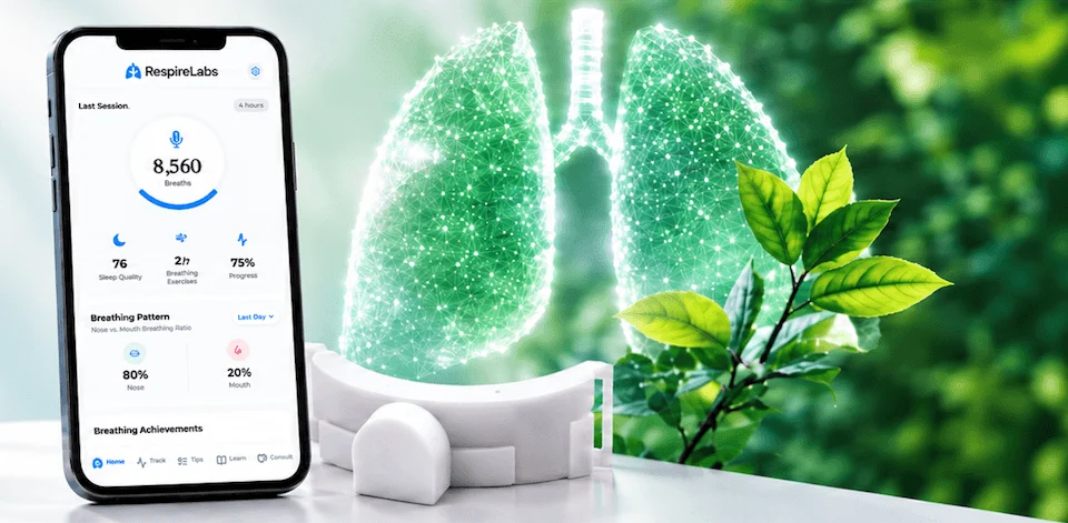 The RespireLabs app showing last night’s breathing session next to the white RespireLabs device